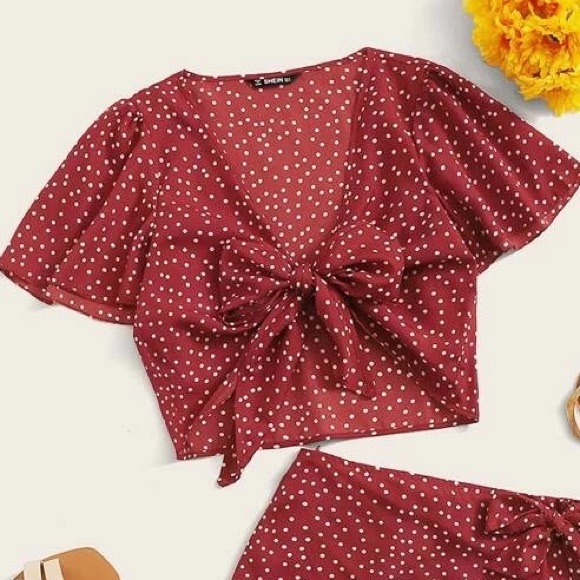 SHEIN Tops - SHEIN Polka Dot Self-tie Wrap Shirt